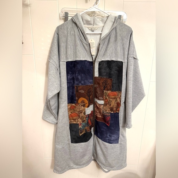 Yak + Yeti Jacket Zip-Up Hoodie Nature Mushroom Patches Grey Bohemain S/M Tunic - Picture 1 of 9
